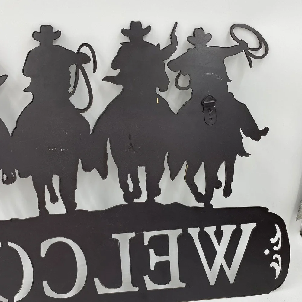 Large Metal Cowboy Welcome Sign Rust Brown Western Wall Art Ranch Rodeo Horse